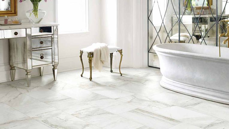 waterproof porcelain tile flooring in a bathroom makes for easy maintenance
